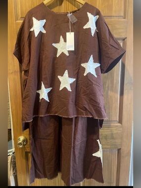 NWT! Blue Velvet chocolate Brown Top with Frayed Neckline and pants  oversized
